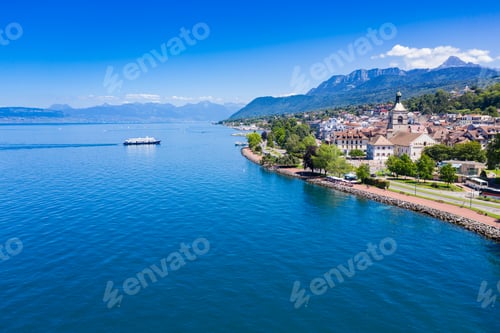 Preview: Aerial view of Evian (Evian-Les-Bains) city in Haute-Savoie in France