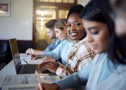 Preview: Black woman, student and smile with laptop for education, learning or university scholarship in cla