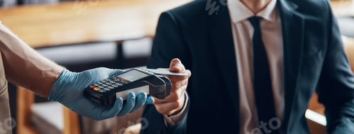 Preview: Close-up of handsome young smiling man in full suit making a contactless payment