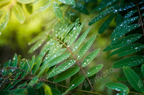 Preview: Leaves with morning dew drops. Agasta leaf. Green background.
