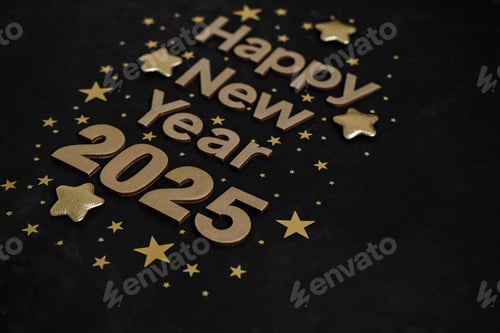 Visualização: Feliz Ano Novo 2025. Números dourados 2025 com estrelas douradas em fundo escuro. Cartão de felicitações de Ano Novo