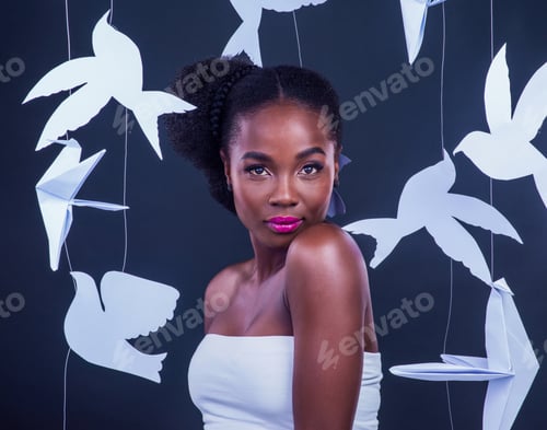 Preview: Studio portrait of a beautiful young woman posing with paper birds against a black background