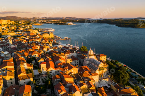 Preview: Beautiful old city of Sibenik, aerial view of the town center at sunset. Croatia