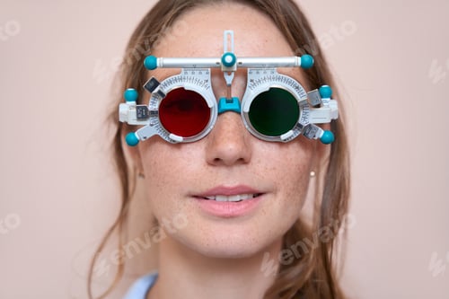 Preview: Female is examining her visual acuity with trial lenses in medical office