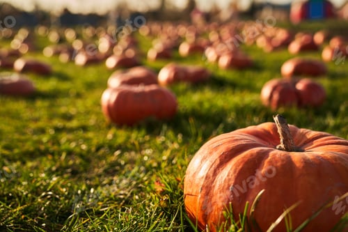 Preview: Ripe orange pumpkin sitting on grass at sunny day.
