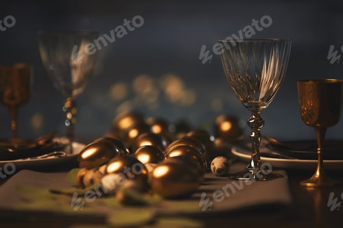 Preview: easter decorated table with golden chicken eggs
