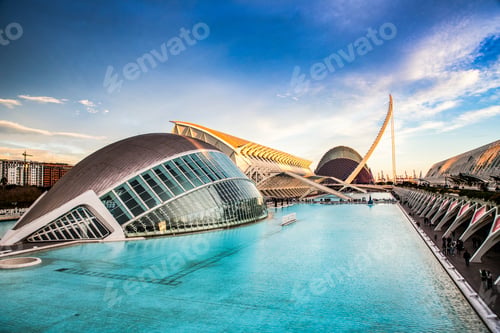 Preview: The city of the Arts and Sciences, Ciudad de las Artes y las Ciencias at sunset in Valencia, Spain.