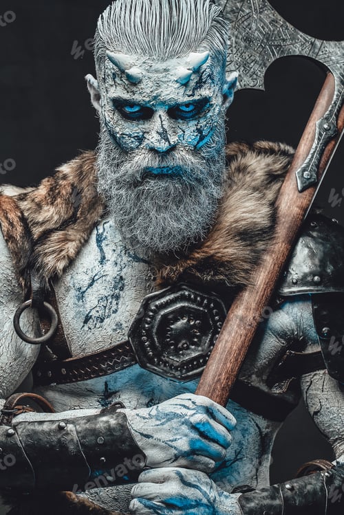 Preview: Evil fashion of dead warrior with axe in dark background