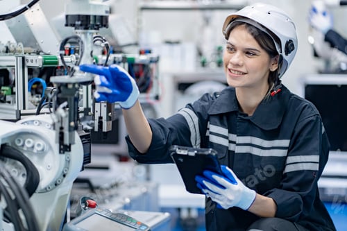 Preview: Industrial engineer working with automated arm robot inside AI robotic production factory.Technology