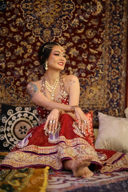 Preview: harming young woman wearing traditional saree, indoor