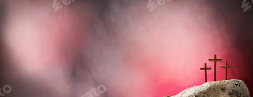 Preview: Crucifixion, resurrection of Jesus Christ. Three crosses against red sky on Calvary hill background