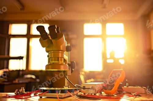 Preview: Modern microscope, connectors component and large green microcircuit in workshop laboratory