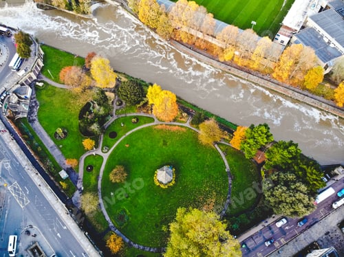 Preview: Drone photo of Bath, England river and park with gazebo in the fall/autumn
