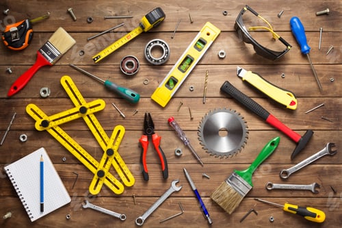 Preview: set of tools and instruments at wooden table