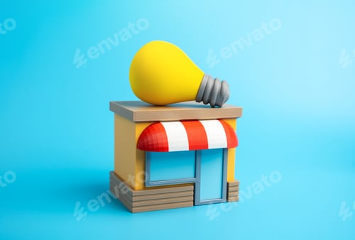 Preview: Shop and light bulb idea. Business innovations. Business ideas. Energy efficiency and autonomy.