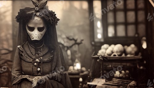 Vista previa: Scary ghost woman in haunted house. Digital art