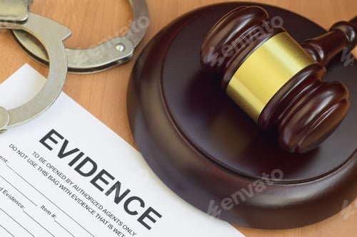 Preview: Justice mallet and evidence report blank document for crime scene investigation with police