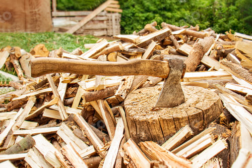 Preview: Ax and firewood in the yard, Ax in the stump, Pile of firewood and tree stump, Firewood for the wint
