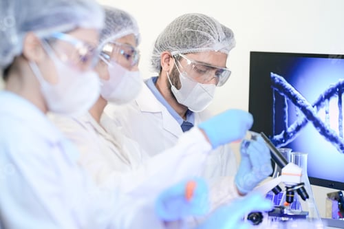 Preview: team of scientists in a modern laboratory meticulously works on an experiment