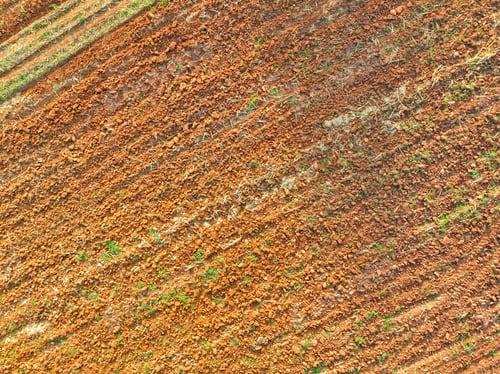 Preview: Aerial view of agriculture plowed field. Minimal tillage for healthier soils. Fertile soil