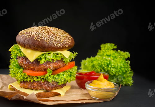 Preview: Ready-made hamburger with beef cutlets Fast food. Cooking. Copy space. Place for text.