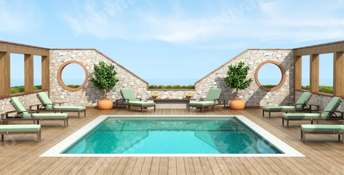 Preview: Summer outdoor swimming pool with sunbed and stone wall