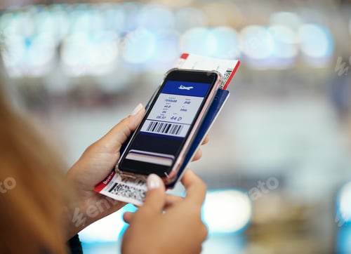 Preview: Hands, phone travel and flight ticket app for vacation, holiday or international traveling. Technol