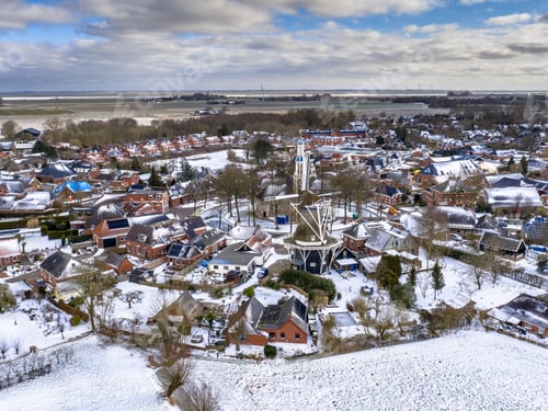 Preview: Aerial View over Village of Spijk in Winter