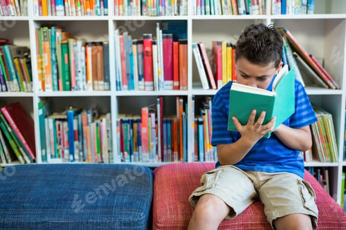 Preview: School-age boy sitting on blue and red bench reading green hardcover book in library, copy space