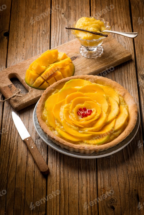 Preview: mango cake with lemon cream and vanilla stick