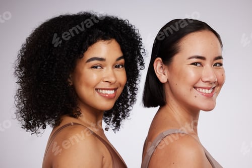 Preview: Happy, women and face, diversity and portrait, skincare for different skin color and unique with be