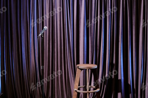 Preview: Waiting Microphone Stand on Stage with Brown Curtains