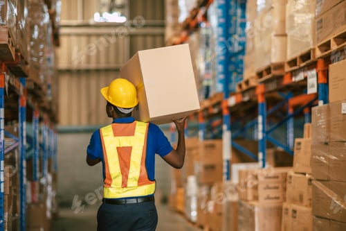 Preview: African black male warehouse worker carrying box in storehouse building with safety suit back view