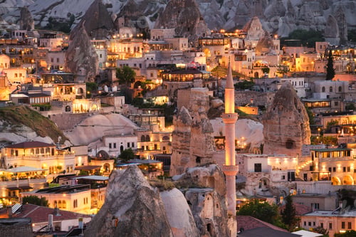 Preview: Goreme, Cappadocia, Turkey. View of the evening city from the mountain.