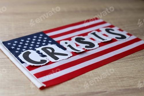 Preview: Crisis text on US flag background. Global economic, political and financial crisis.