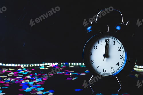 Preview: Alarm clock with confetti with black background.