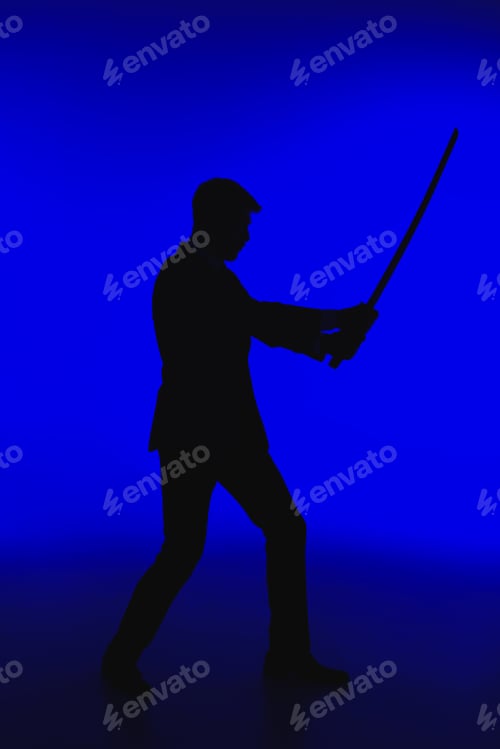 Preview: toned picture of silhouette of agent in suit with Katana