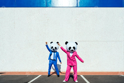 Preview: Storytelling image of a couple wearing giant panda head