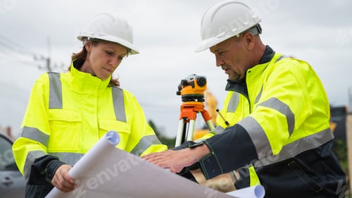 Preview: The survey team is using a theodolite and road construction plans.