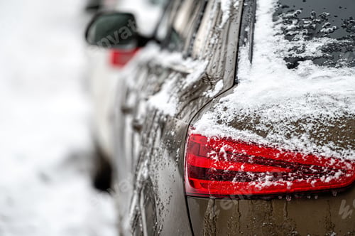 Preview: cars covered in snow, winter morning. snowy road