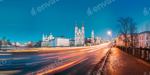 Preview: Vitebsk, Belarus. Evening Or Night View Of Famous Landmarks Is A