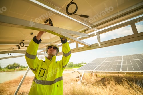 Preview: Professional engineer work to maintenance of photovoltaic panel system. Technician inspection workin