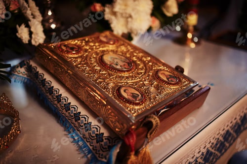 Preview: Bible on altar table. Faith and religion concept. Preaching background. Church interior. Lord's