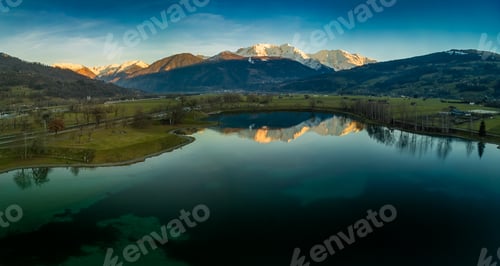 Preview: Aerial drone view of Lac de Passy lake in Domancy, France