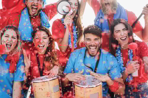 Preview: Crazy football supporters playing drums and screaming while supporting their team