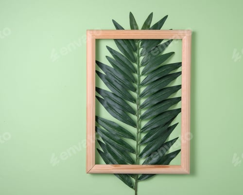 Preview: palm tree leaf and wooden frame on green background. Top view