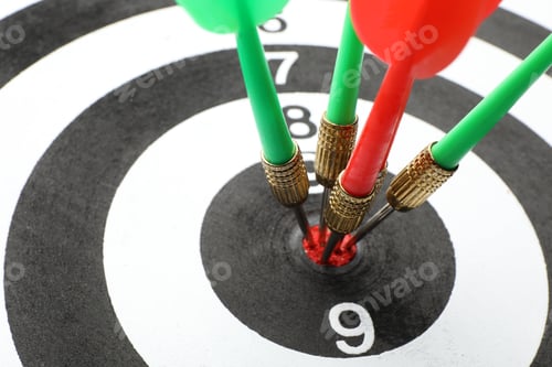 Preview: Dart board with color arrows hitting target, closeup