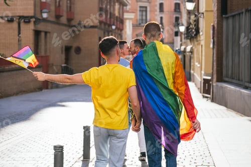Preview: Joyful Gay Couples Embracing, Flaunting LGBT Pride with Flags, Shirts, & Kisses