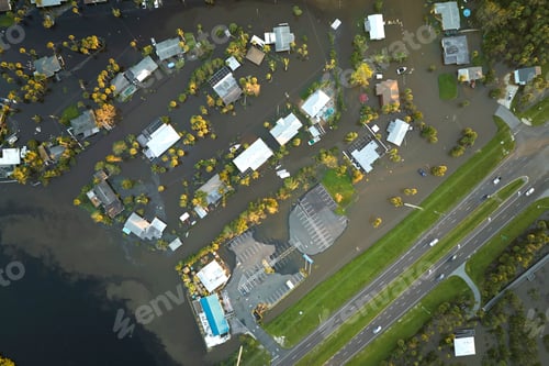 Preview: Hurricane Ian flooded houses in Florida residential area. Natural disaster and its consequences