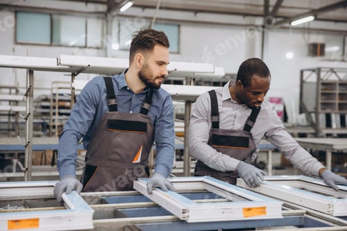 Preview: Factory workers assembling pvc windows in production line